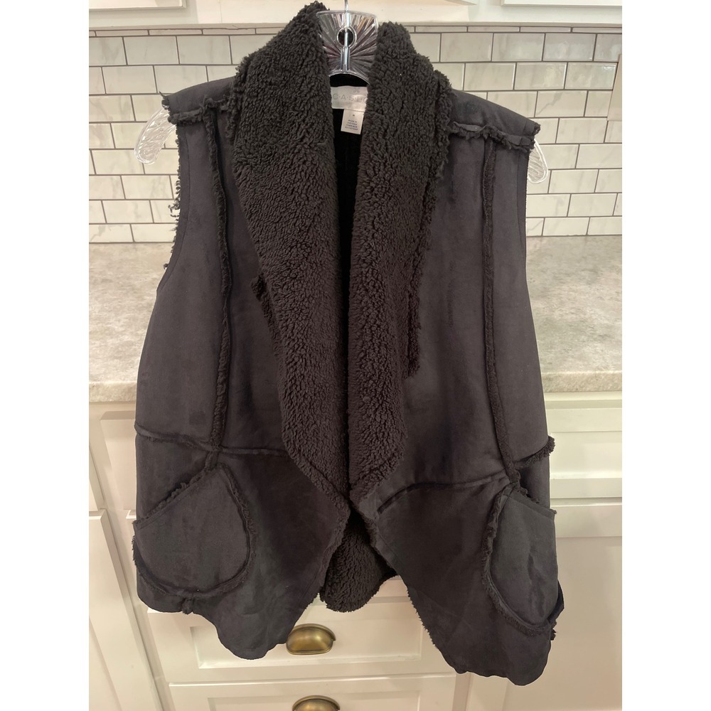 New Caslon Vest Women Medium Black Reversible Suede Shearling Draped Open Front